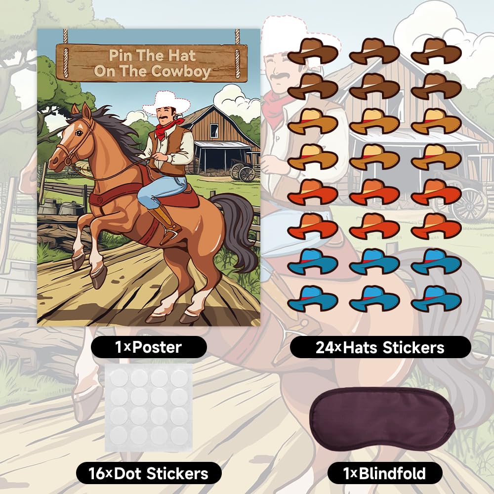 BBUP Pin The Hat on The Cowboy – Western Party Poster Game with 24 Hats, 24 Stickers & 1 Eye Mask for 24 Players