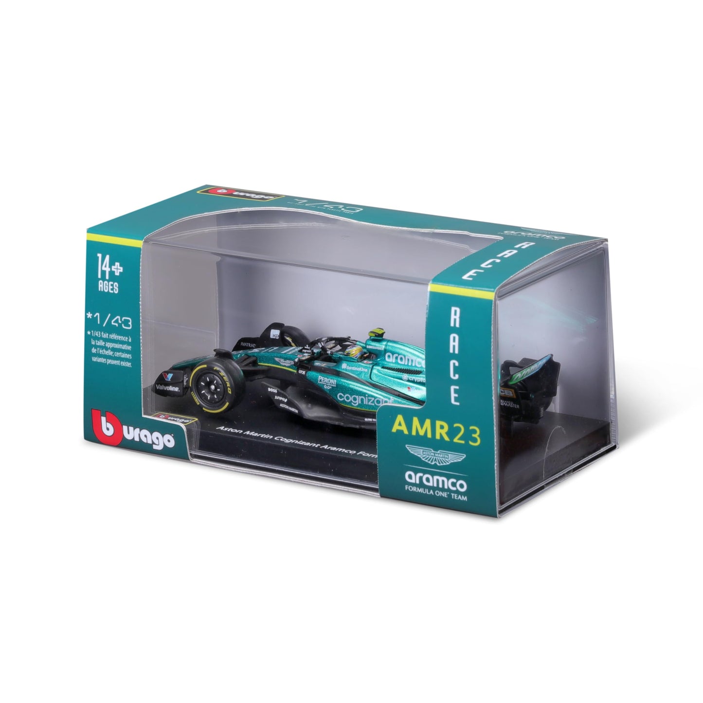 Bburago 1:43 Aston Martin AMR23 Diecast — 2023 Formula Race with Driver Helmet