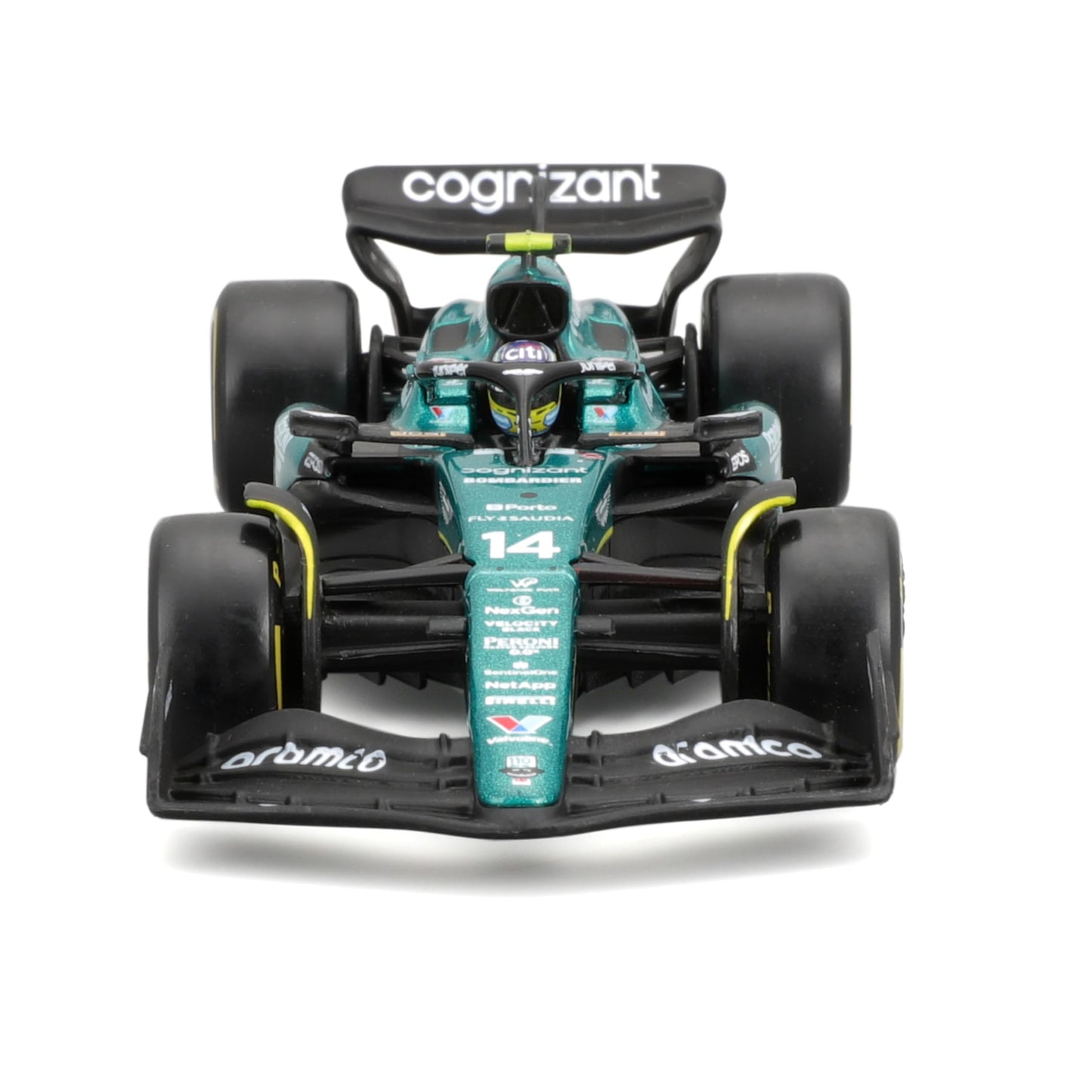 Bburago 1:43 Aston Martin AMR23 Diecast — 2023 Formula Race with Driver Helmet