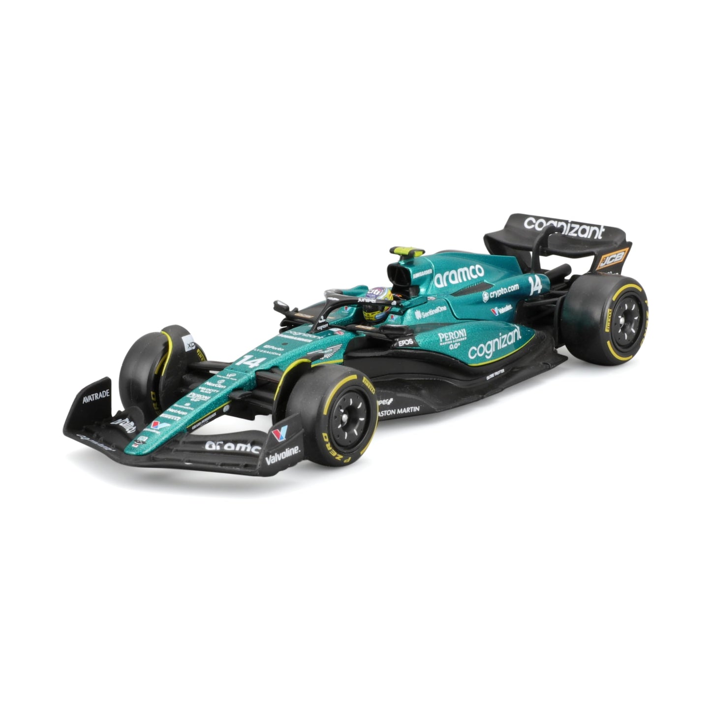 Bburago 1:43 Aston Martin AMR23 Diecast — 2023 Formula Race with Driver Helmet
