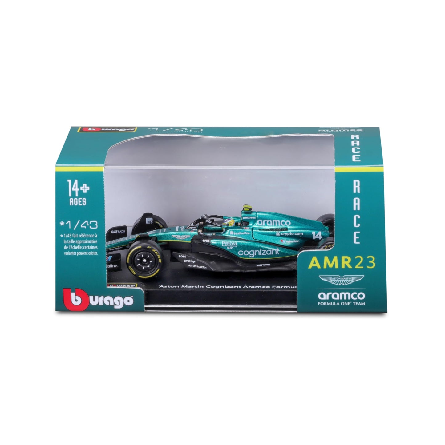 Bburago 1:43 Aston Martin AMR23 Diecast — 2023 Formula Race with Driver Helmet
