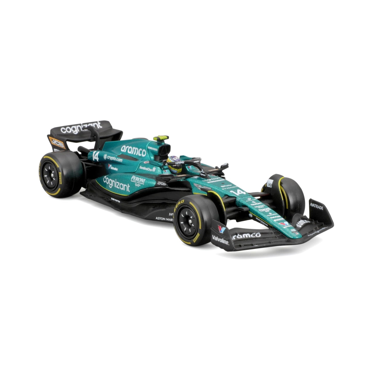 Bburago 1:43 Aston Martin AMR23 Diecast — 2023 Formula Race with Driver Helmet