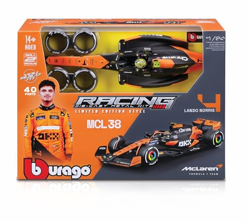 Bburago 1:24 McLaren MCL38 Model Kit with Norris #4 Helmet – No Glue or Paint Required