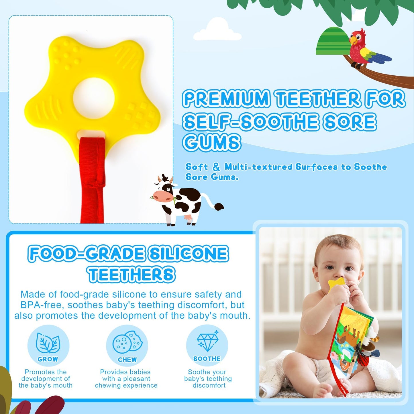 BBWOO Soft Baby Book Toy – Tummy Time Crinkle Book & Teether (0–12 Months)