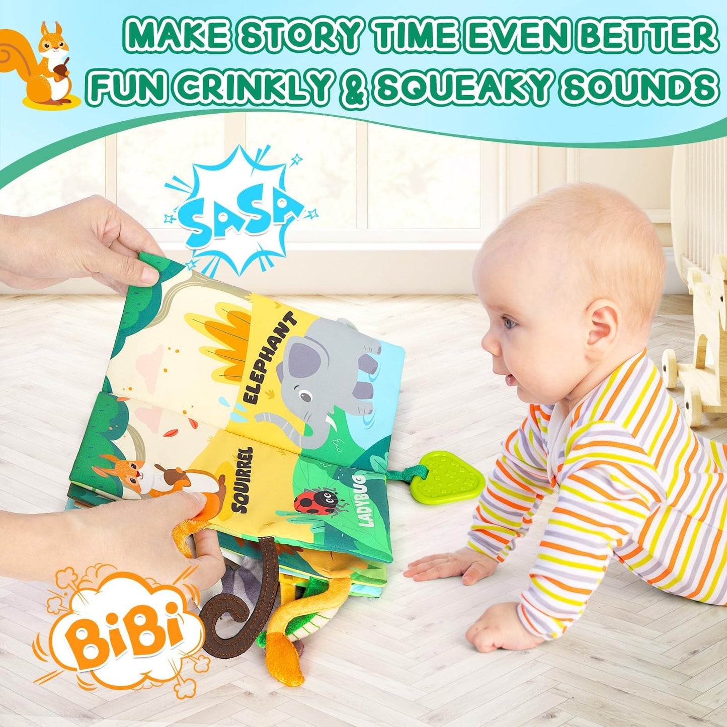 BBWOO Soft Baby Book Toy for Tummy Time | Teether, Crinkle Book & Safe Fabric