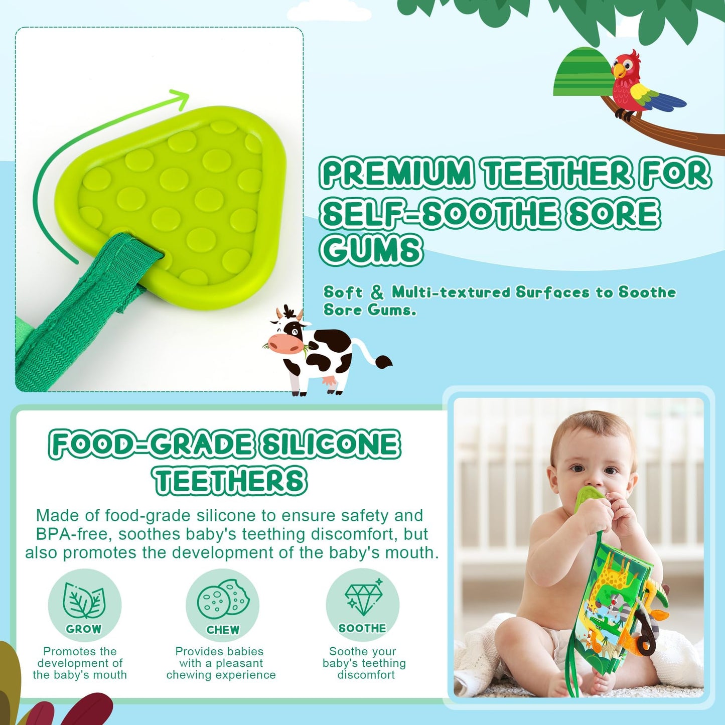 BBWOO Soft Baby Book Toy for Tummy Time | Teether, Crinkle Book & Safe Fabric