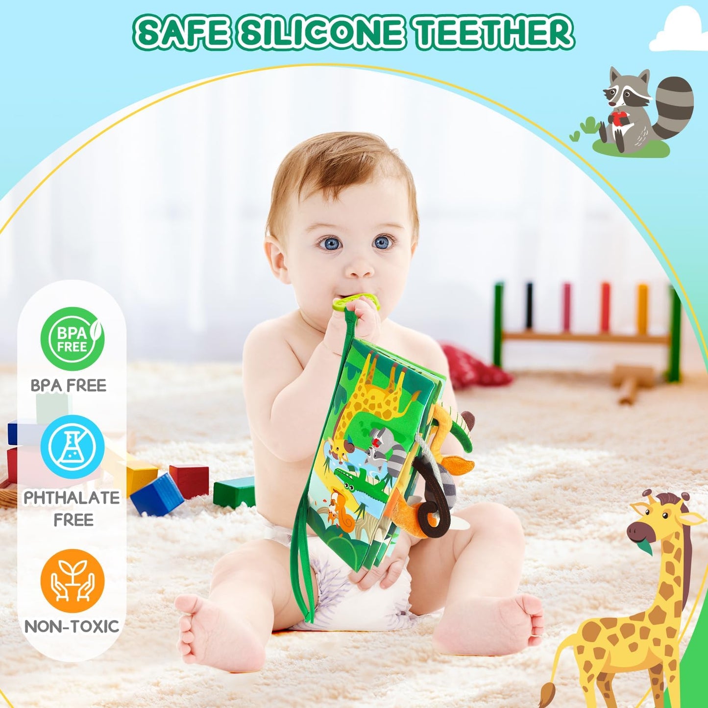 BBWOO Soft Baby Book Toy for Tummy Time | Teether, Crinkle Book & Safe Fabric