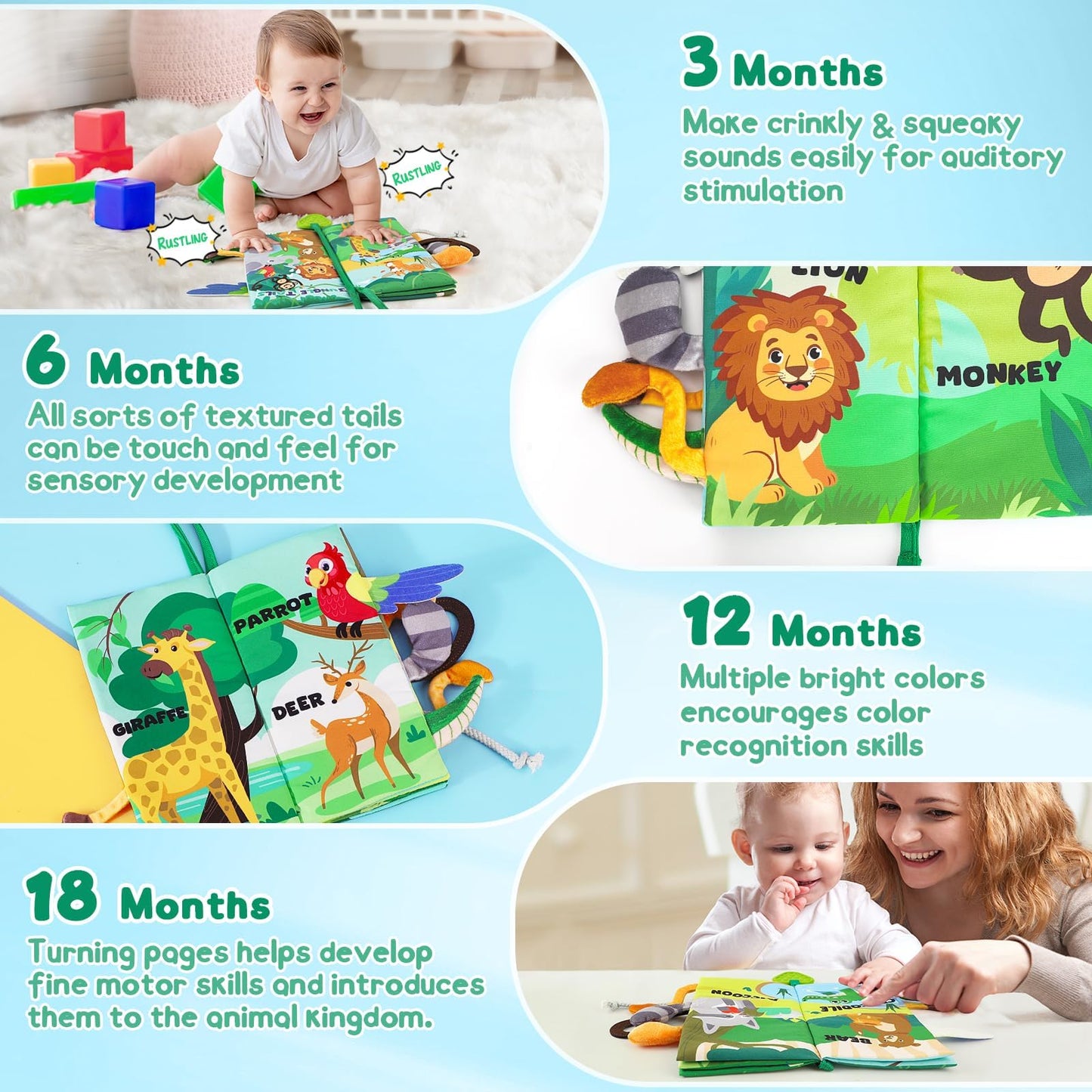 BBWOO Soft Baby Book Toy for Tummy Time | Teether, Crinkle Book & Safe Fabric