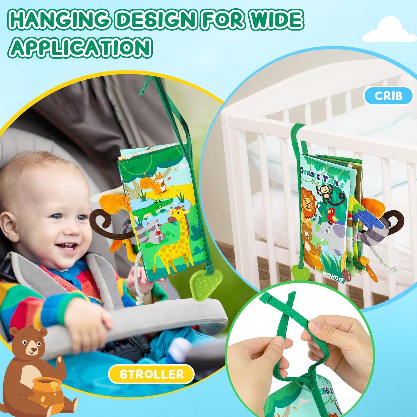 BBWOO Soft Baby Book Toy for Tummy Time | Teether, Crinkle Book & Safe Fabric