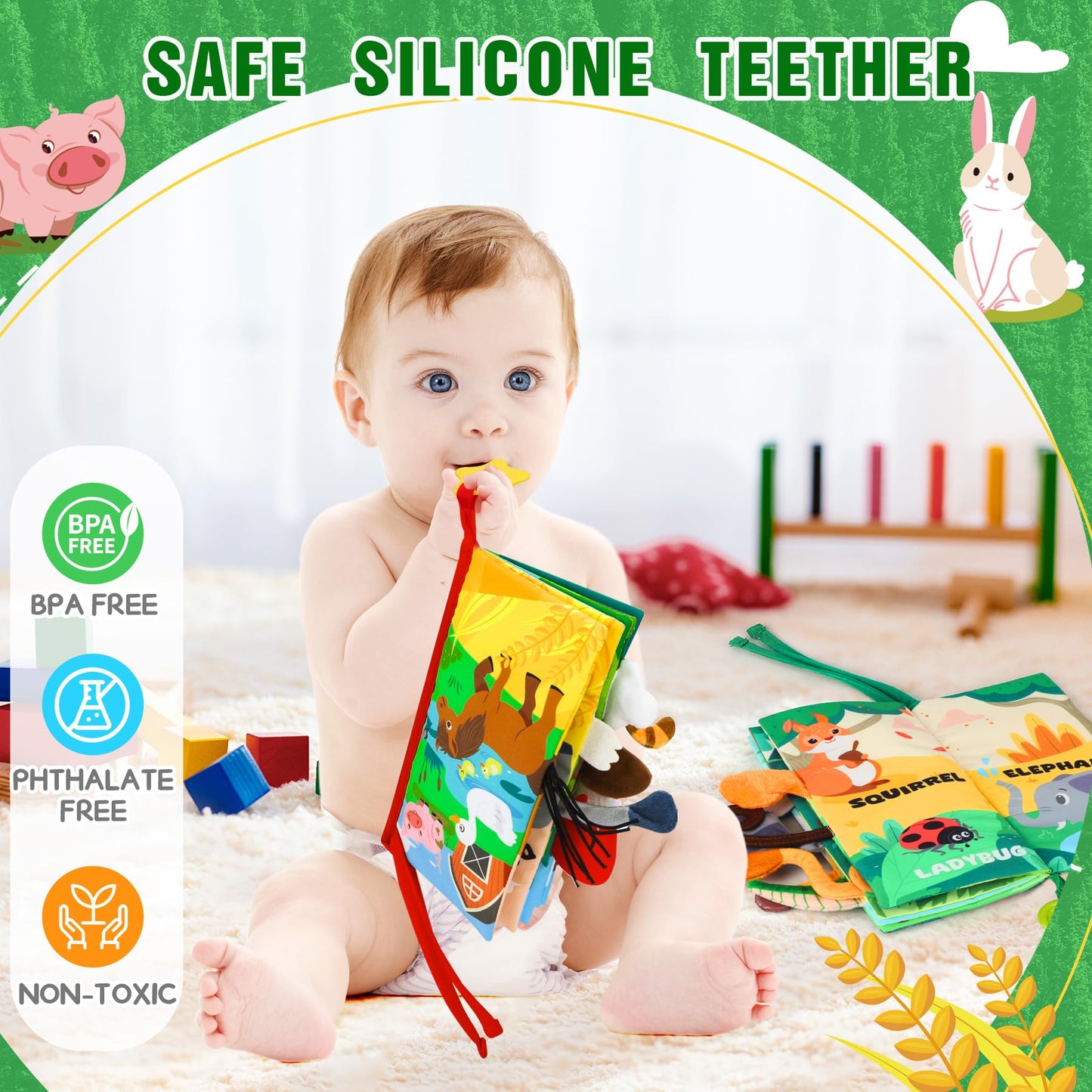 BBWOO Soft Baby Book Toy - Tummy Time Crinkle Book & Teether for 0-12 Months
