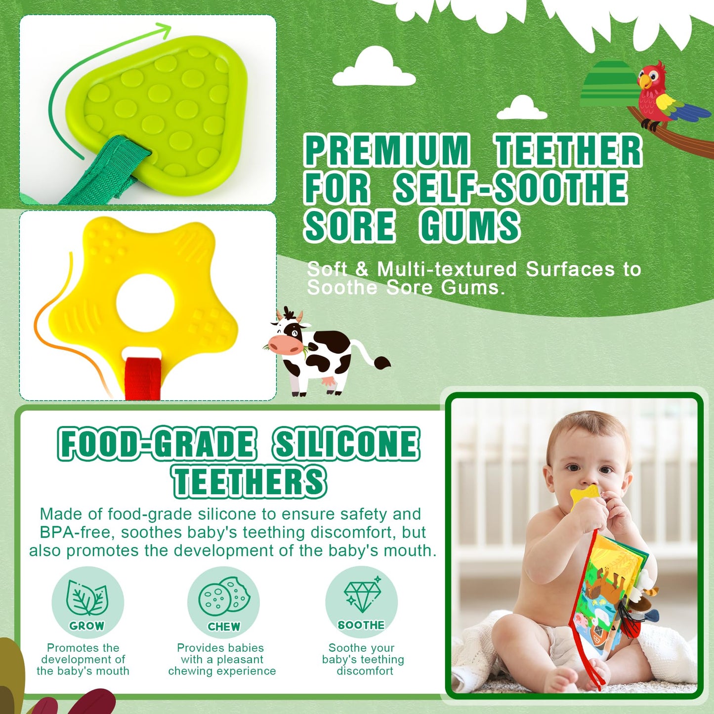 BBWOO Soft Baby Book Toy - Tummy Time Crinkle Book & Teether for 0-12 Months