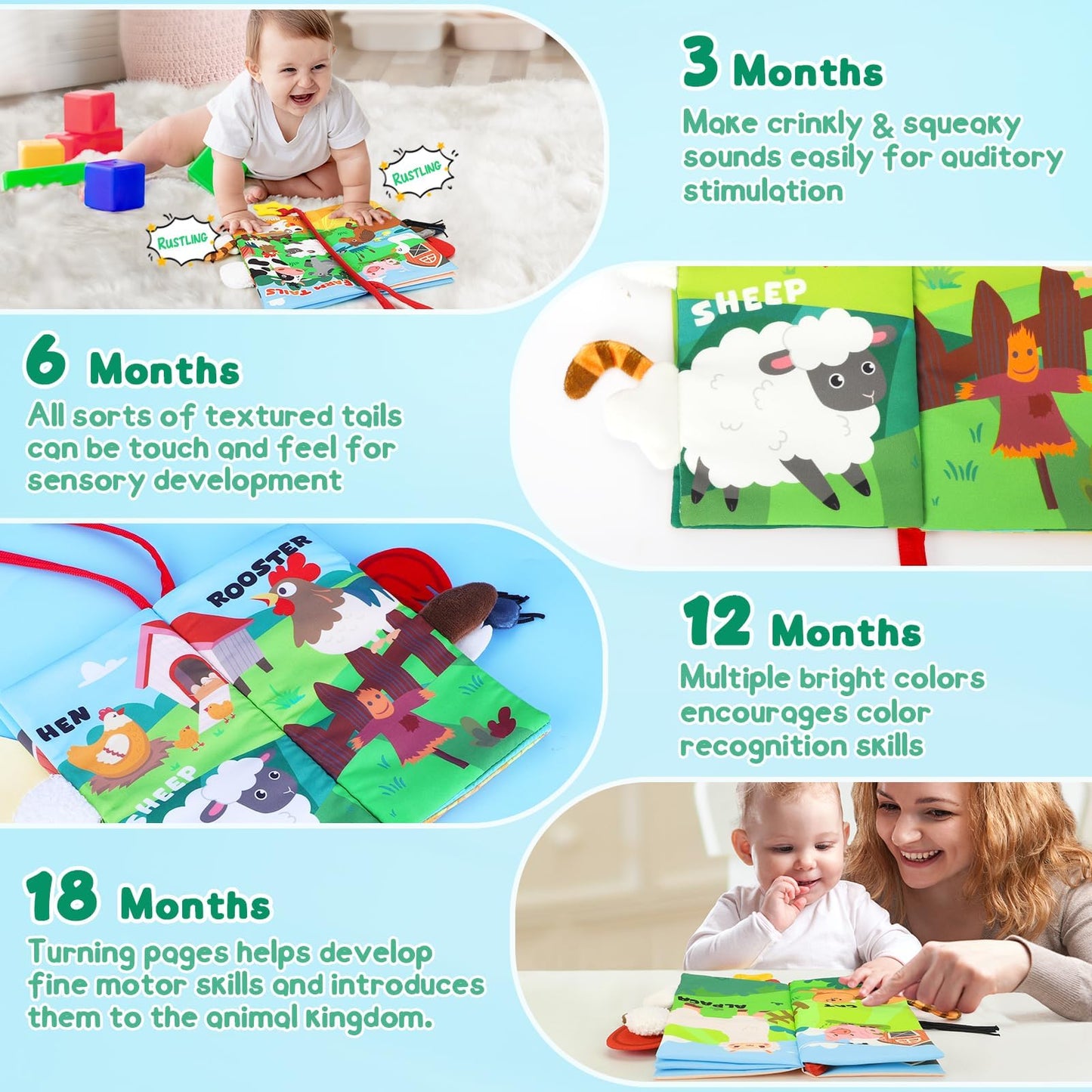 BBWOO Soft Baby Book Toy – Tummy Time Crinkle Book & Teether (0–12 Months)