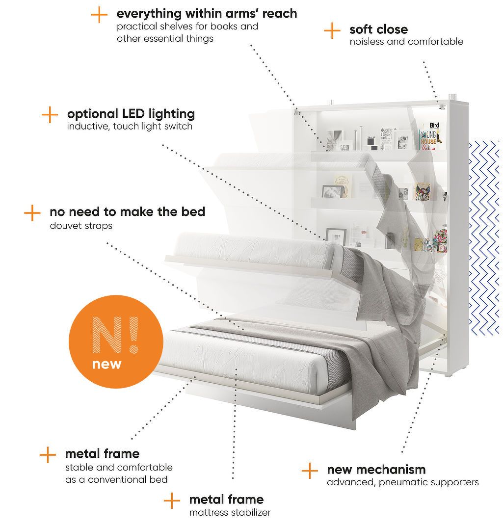 Vertical Folding Wall Bed – Double 140cm | Hidden Pull Down Bed with Gas Soft-Close & Locking System