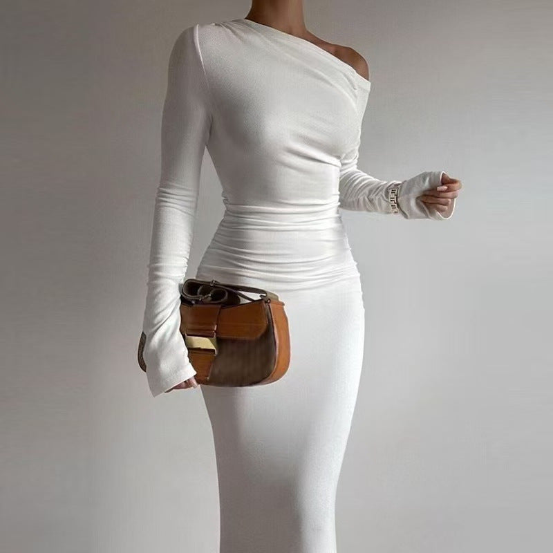 Women's OffshoulderLong-sleeve Figurehugging Pleated Maxi Dress