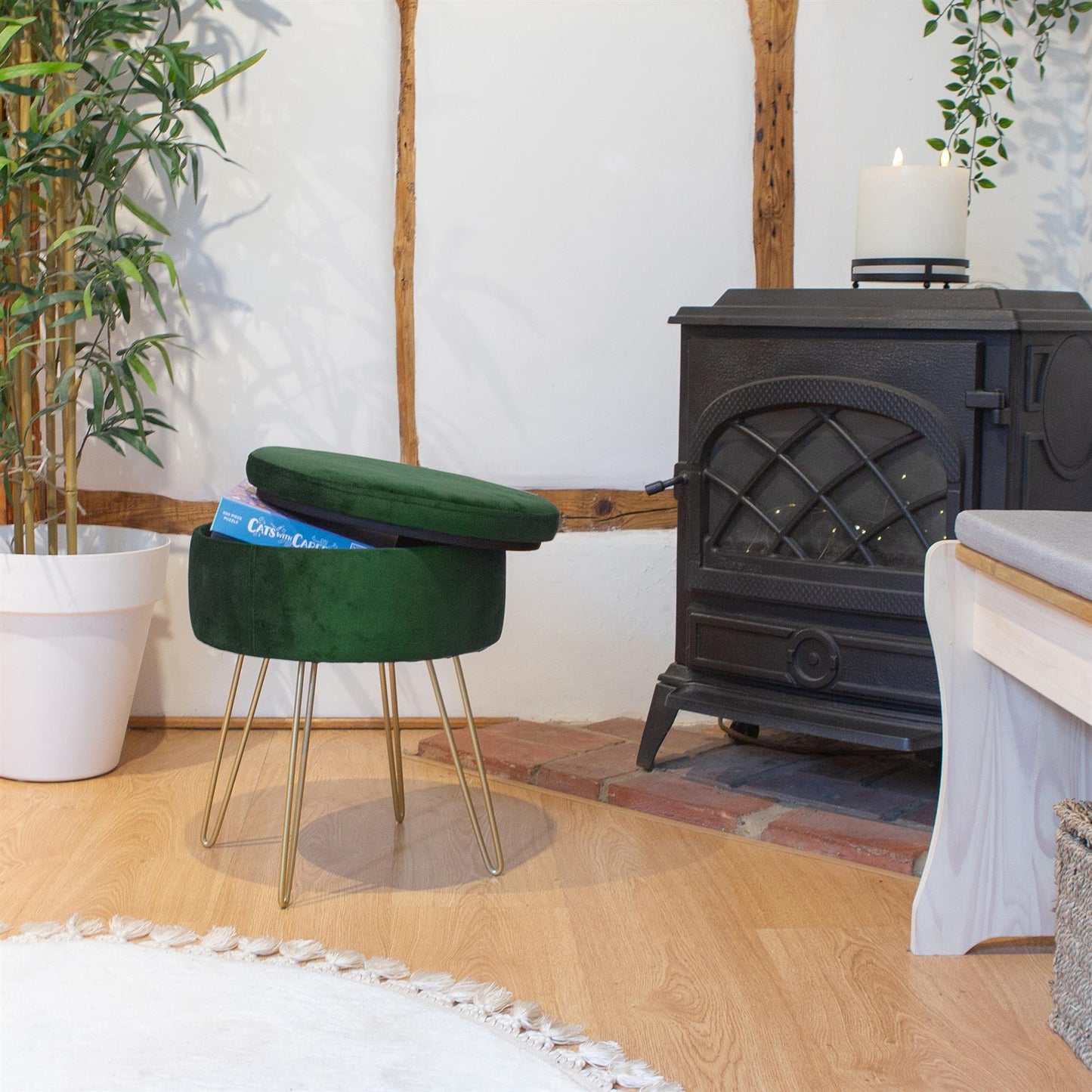Green Round Velvet Storage Footstool