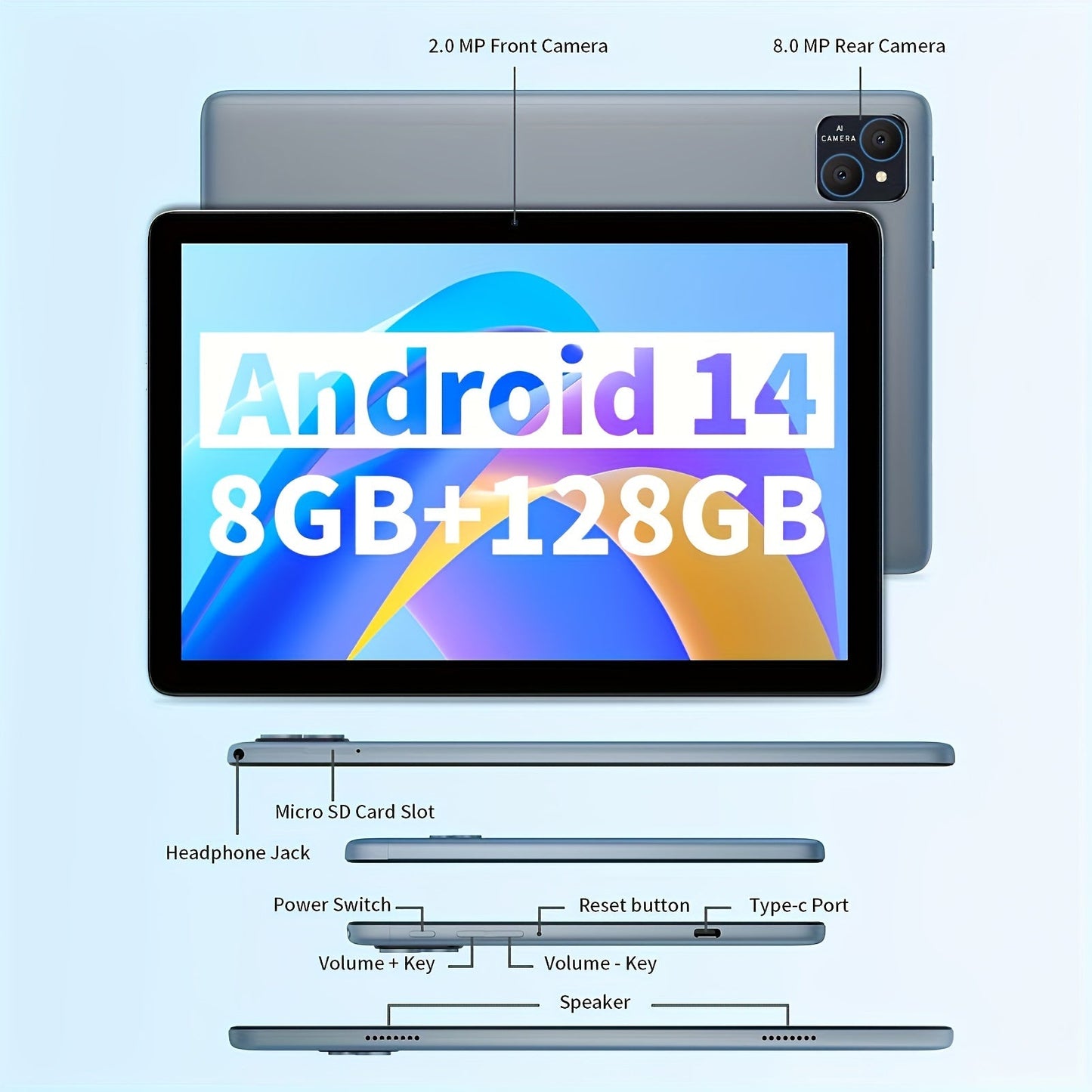 25.65 cm Tablet Android 14, 2-in-1 Tablet with Keyboard, Mouse, Case, Stylus, 128GB ROM + 8GB RAM Extended, Dual 8MP Camera, Octa-Core, 8000mAh, 1280x800 IPS Display, Wi-Fi 6, Google Certified