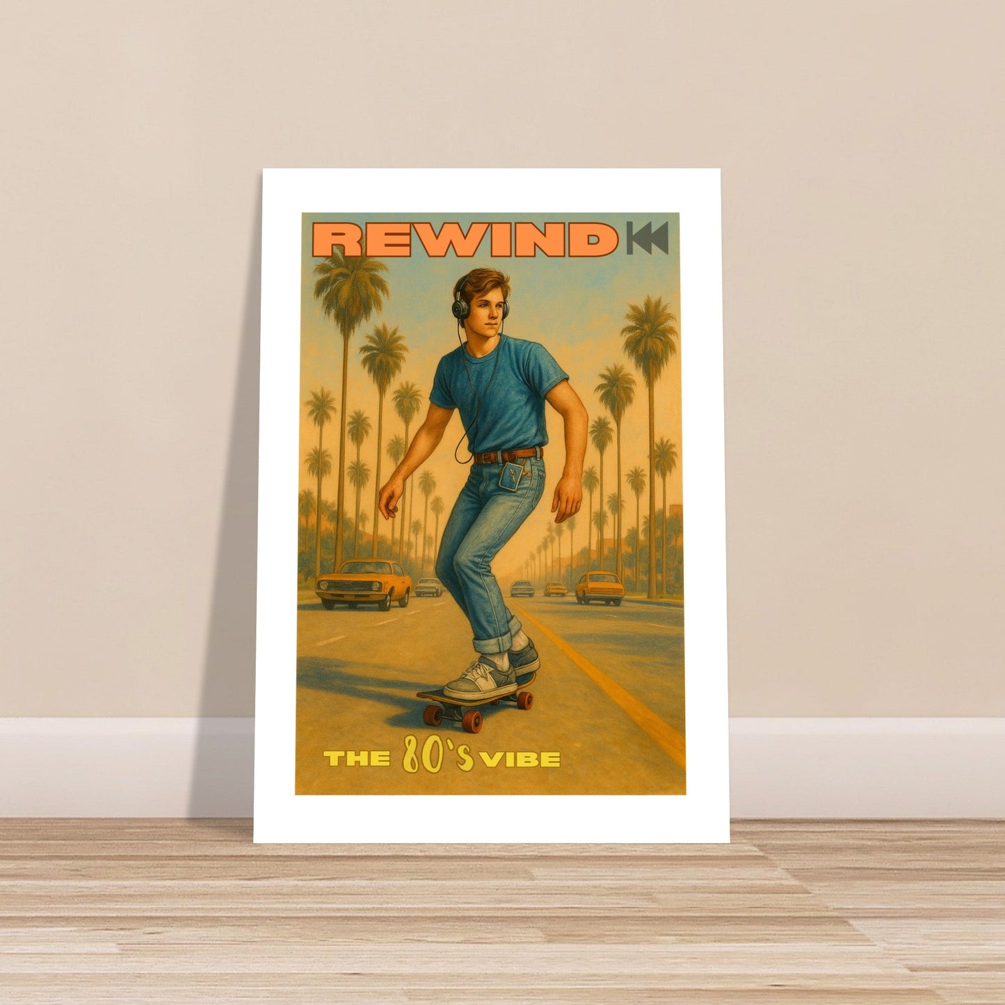 Retro 80's Vibe Poster – Skateboarder with Walkman | Vintage Wall Art