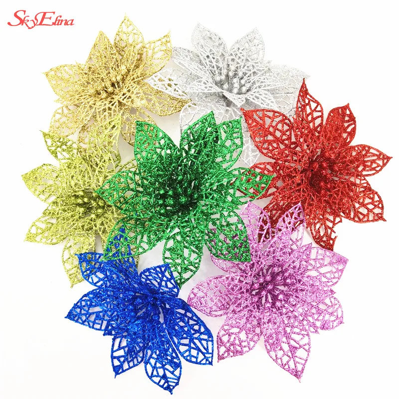 10Pcs/Set Christmas Flowers Xmas Christmas Tree Decorations Glitter Hollow Wedding Party Decor Gold/Silver/Red/Green/Blue 8Z