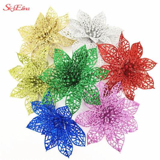 10Pcs/Set Christmas Flowers Xmas Christmas Tree Decorations Glitter Hollow Wedding Party Decor Gold/Silver/Red/Green/Blue 8Z