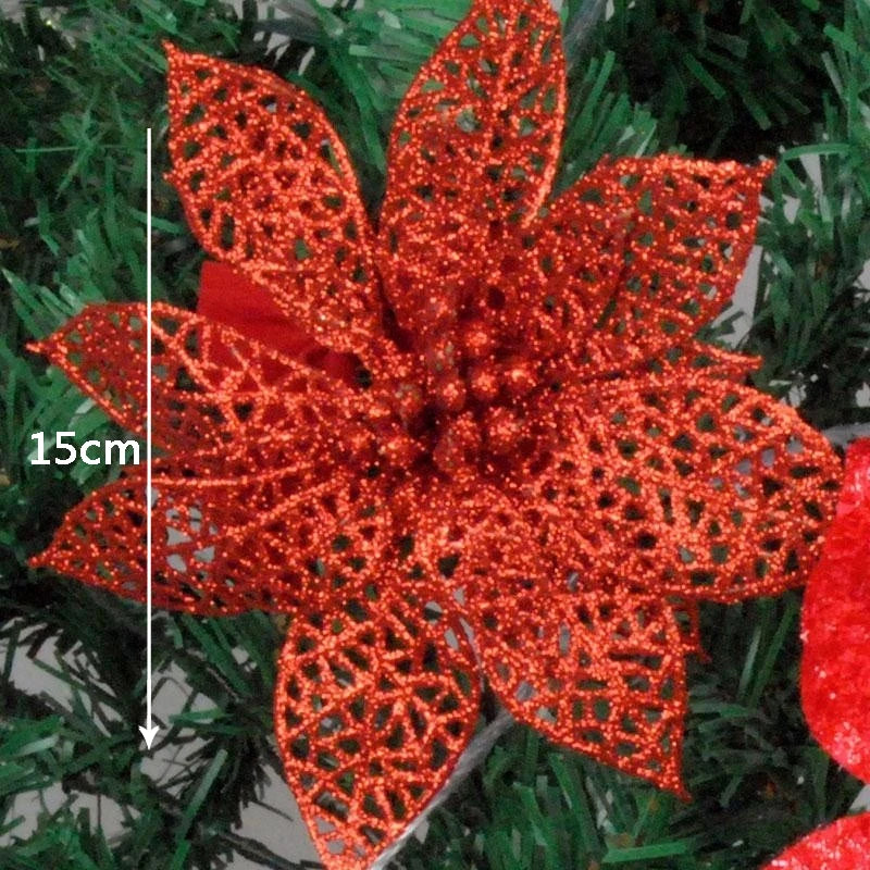 10Pcs/Set Christmas Flowers Xmas Christmas Tree Decorations Glitter Hollow Wedding Party Decor Gold/Silver/Red/Green/Blue 8Z