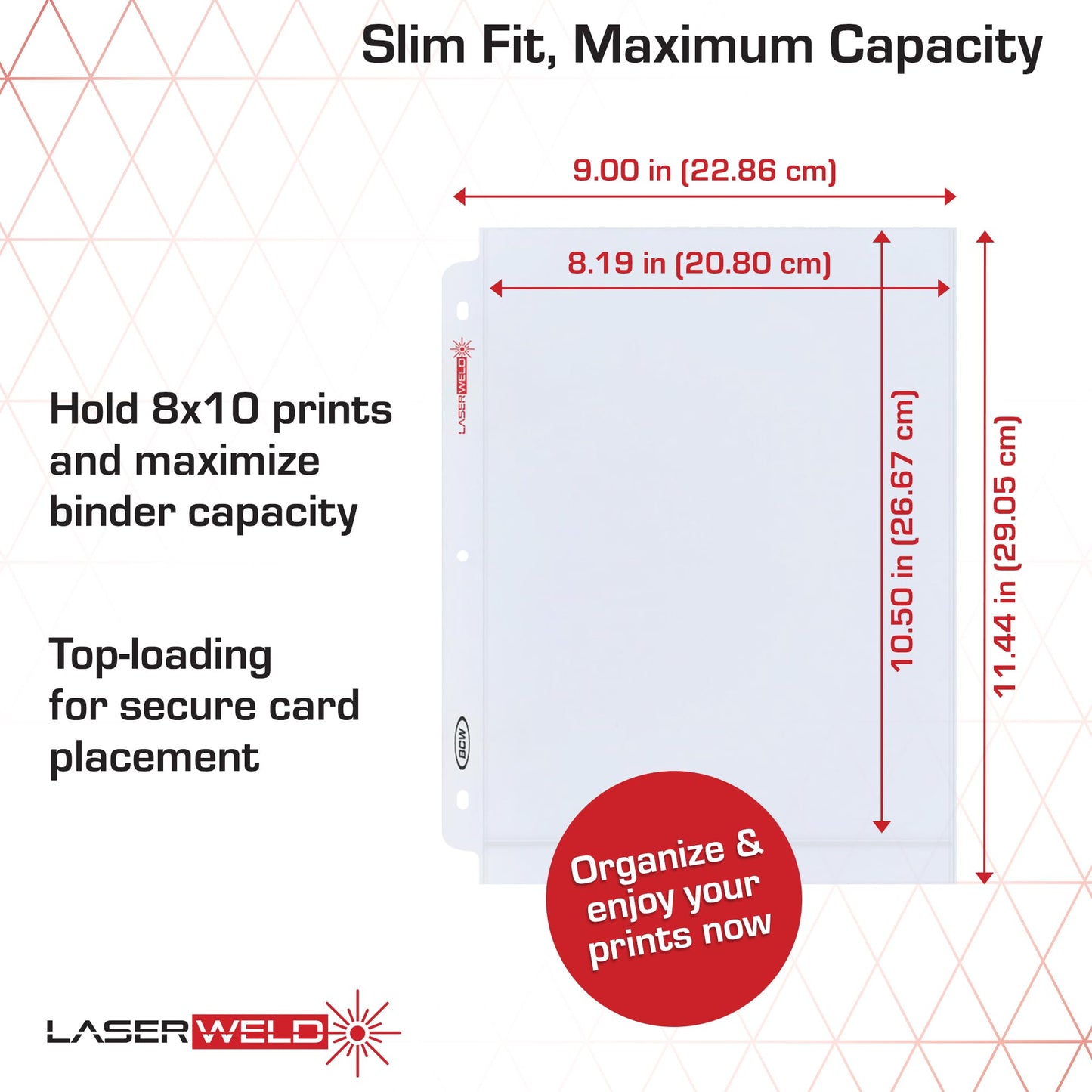 BCW LaserWeld 8x10 Photo Pages – 100-Count Box | 8x10 Plastic Sleeves for Photos | Archival-Safe 3-Ring Binder Protectors
