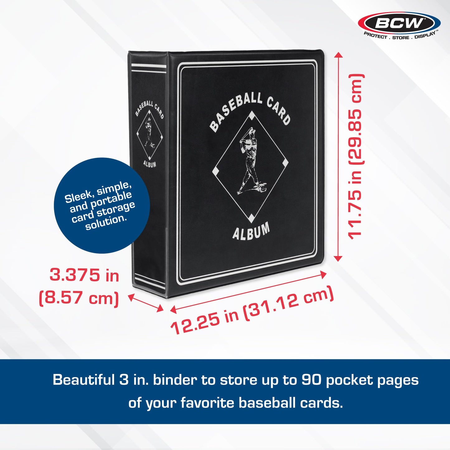 BCW 3-Inch Baseball Album Black – Holds Up to 90 Protective Pages with Heavy-Duty D-Ring