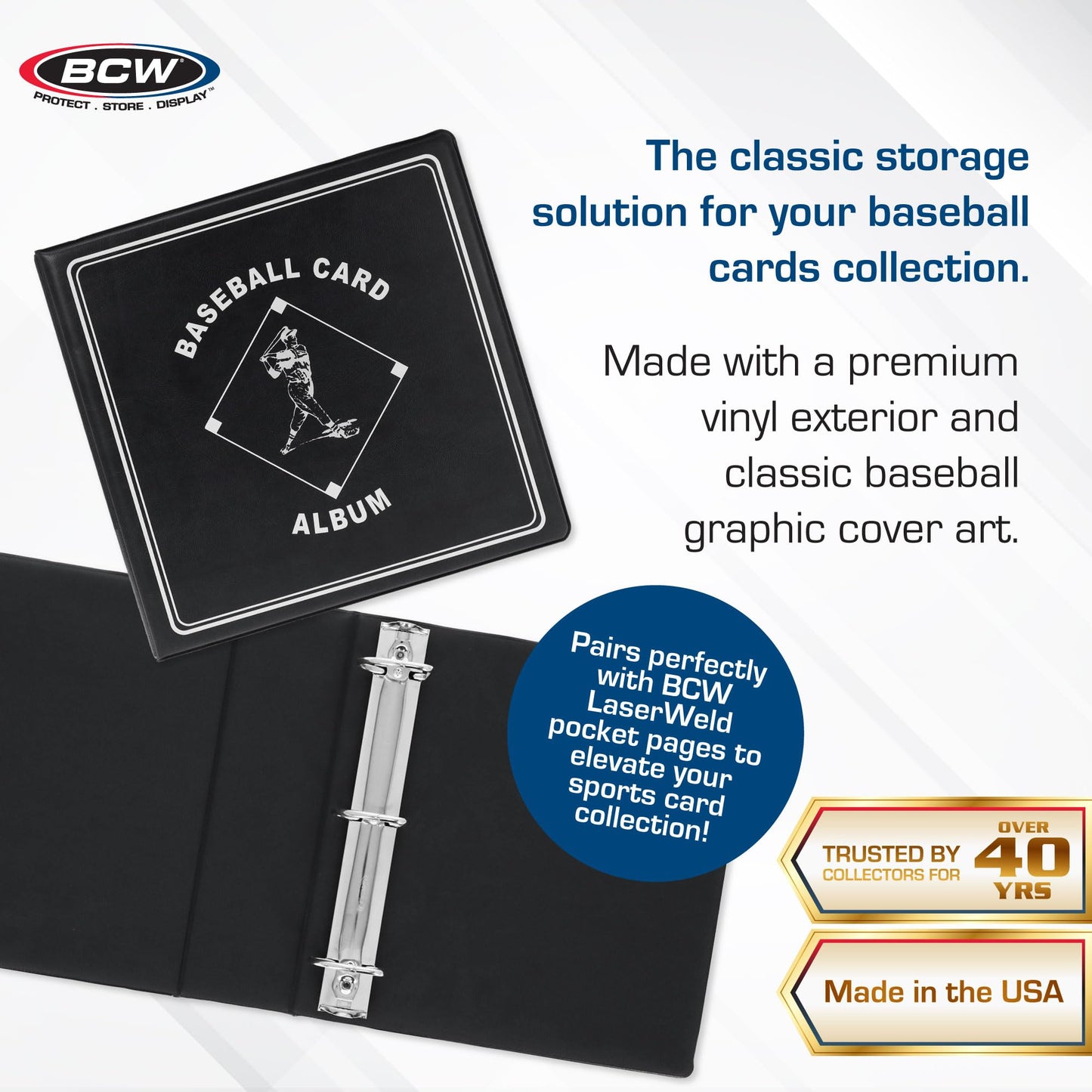 BCW 3-Inch Baseball Album Black – Holds Up to 90 Protective Pages with Heavy-Duty D-Ring