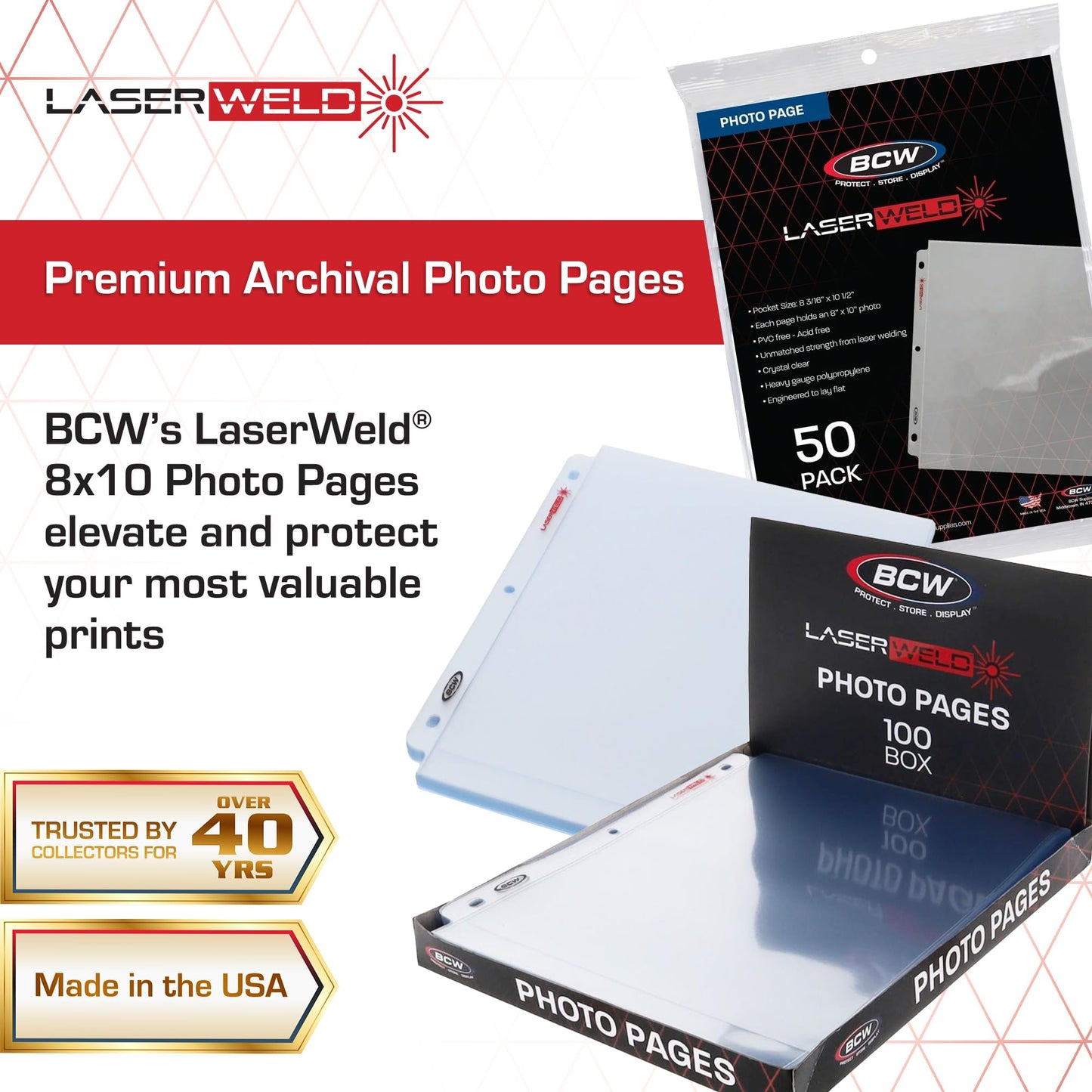 BCW LaserWeld 8x10 Photo Pages – 100-Count Box | 8x10 Plastic Sleeves for Photos | Archival-Safe 3-Ring Binder Protectors