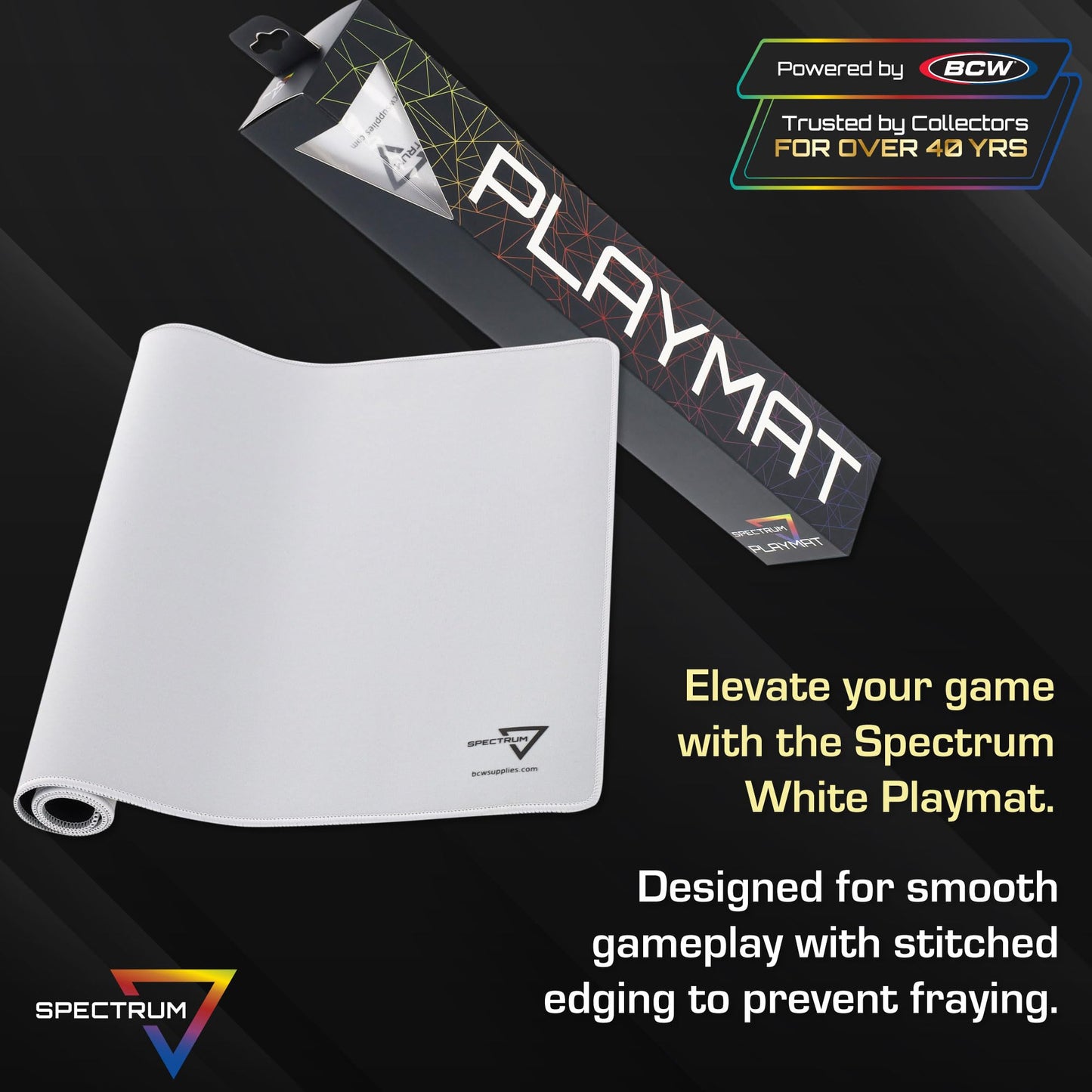 BCW Spectrum Playmat White 24x14 - Stitched Edges for Durability | Ideal for TCG & Tabletop Gaming