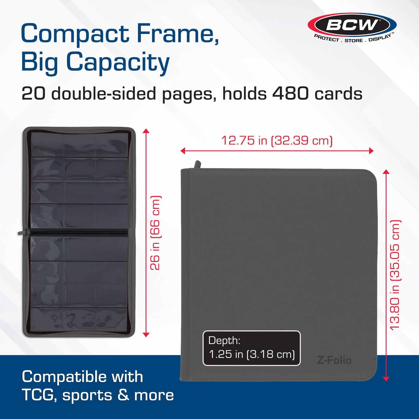 BCW Z-Folio LX Zipper Portfolio – Premium Gray Leatherette, 480 Card Capacity