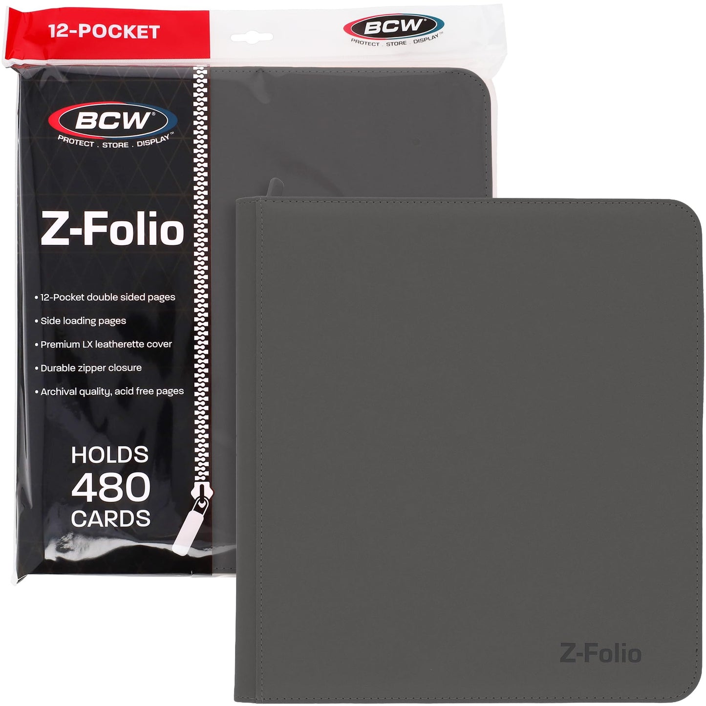 BCW Z-Folio LX Zipper Portfolio – Premium Gray Leatherette, 480 Card Capacity