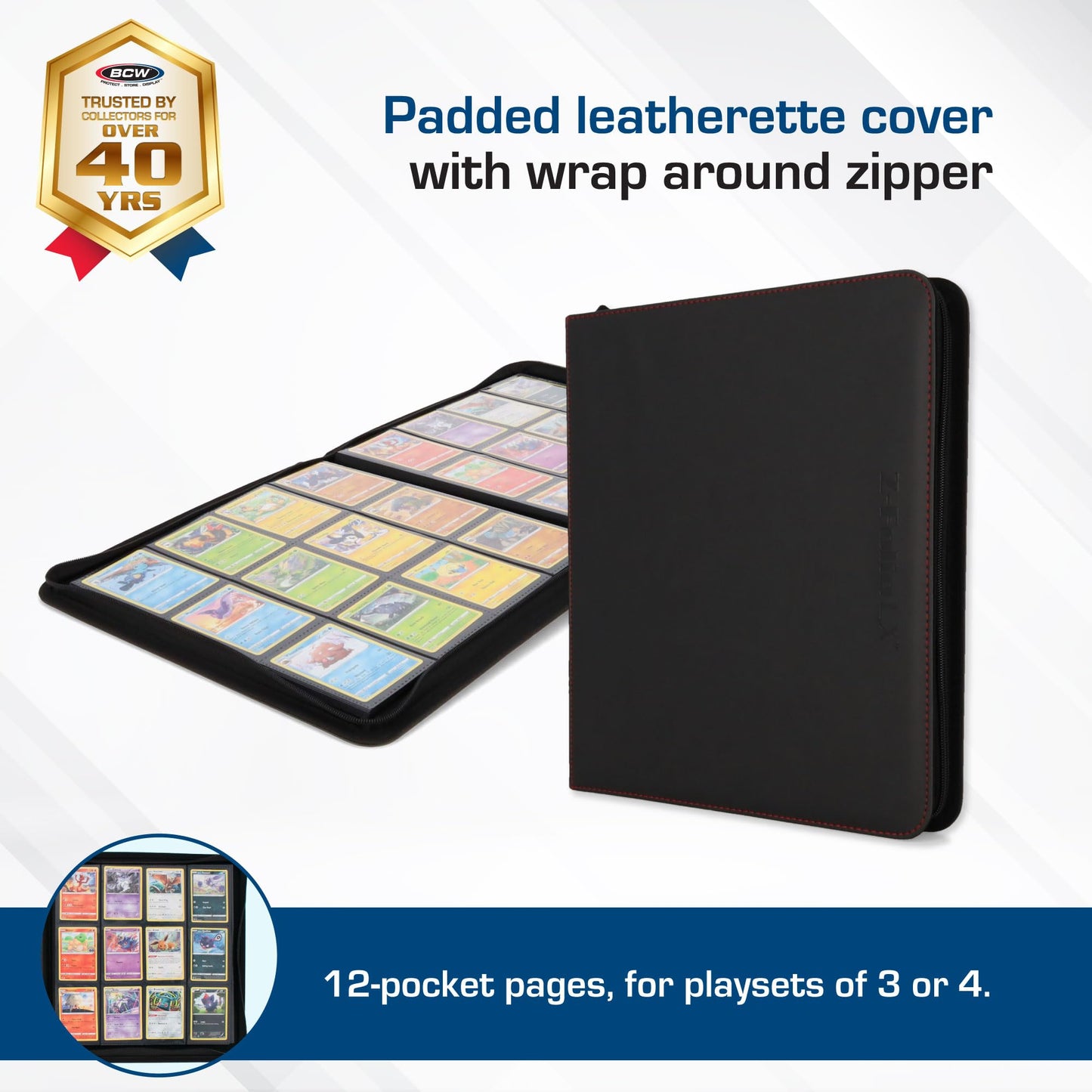 BCW Z-Folio LX Zipper Portfolio – Premium Gray Leatherette, 480 Card Capacity