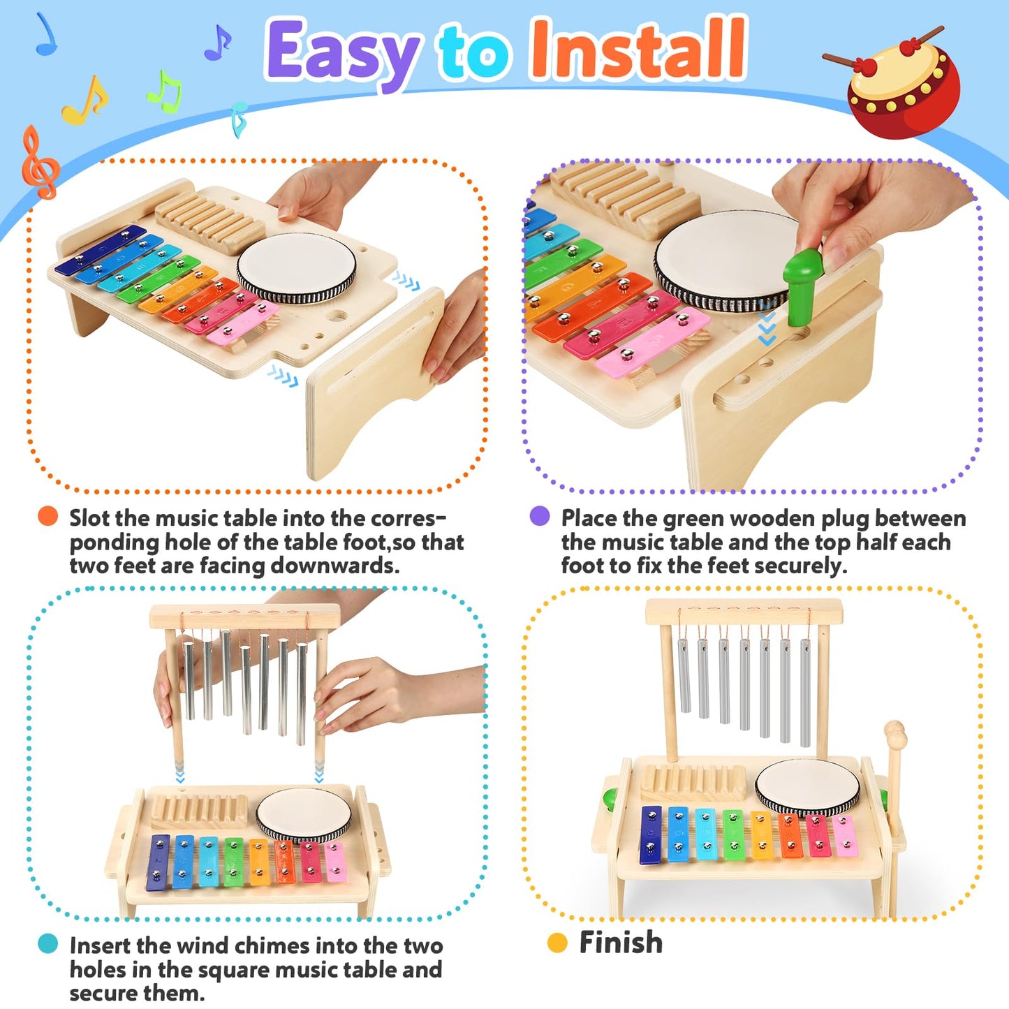 BCY hohipi Kids Drum Set 4-in-1: Xylophone, Wind Chime, Drum & Scraper
