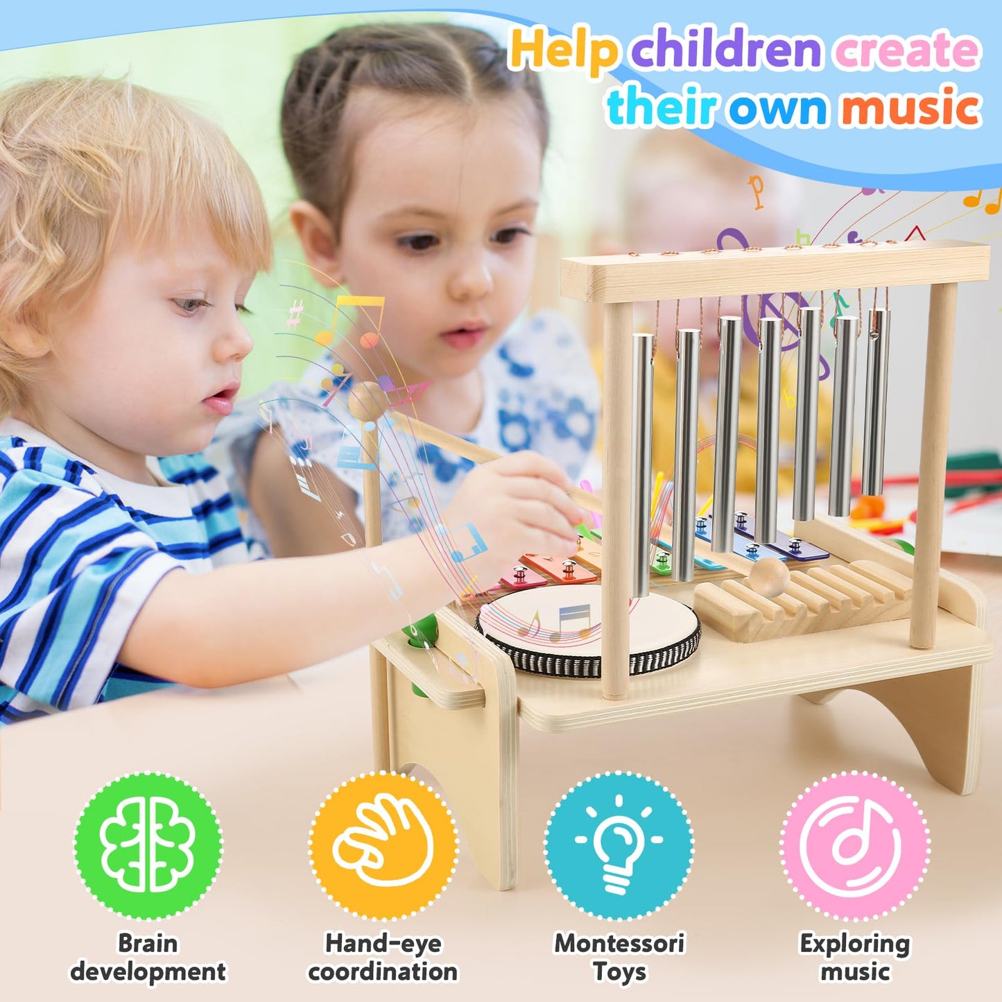 BCY hohipi Kids Drum Set 4-in-1: Xylophone, Wind Chime, Drum & Scraper