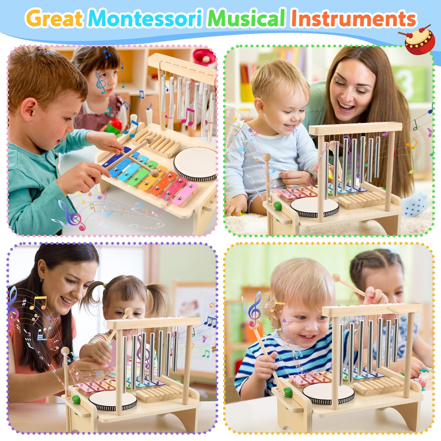 BCY hohipi Kids Drum Set 4-in-1: Xylophone, Wind Chime, Drum & Scraper