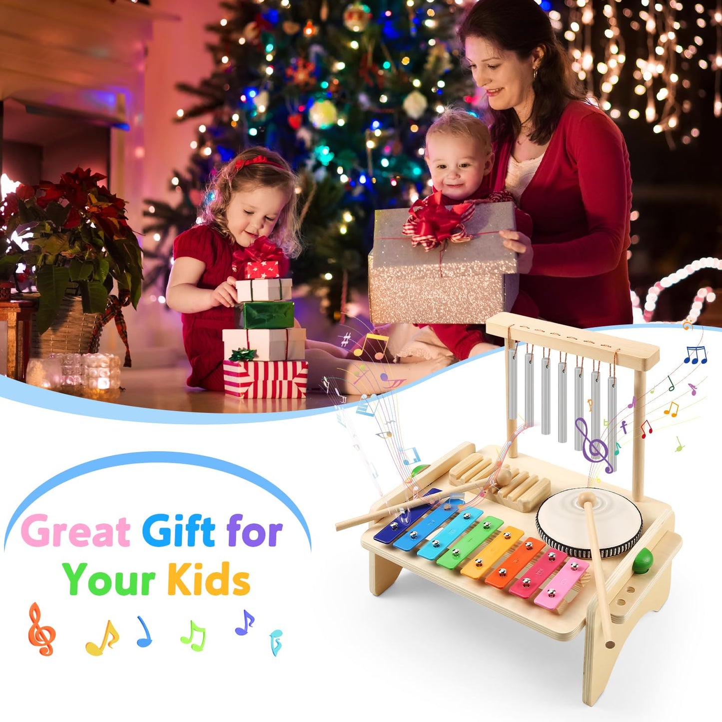BCY hohipi Kids Drum Set 4-in-1: Xylophone, Wind Chime, Drum & Scraper