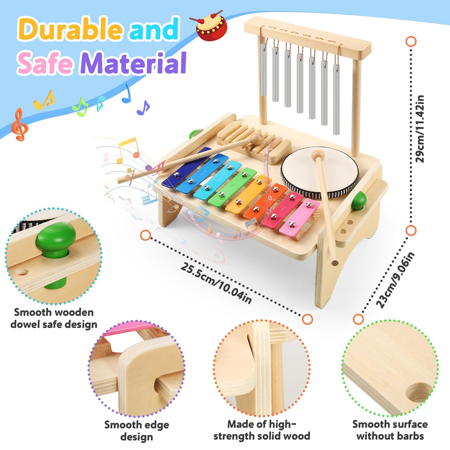 BCY hohipi Kids Drum Set 4-in-1: Xylophone, Wind Chime, Drum & Scraper