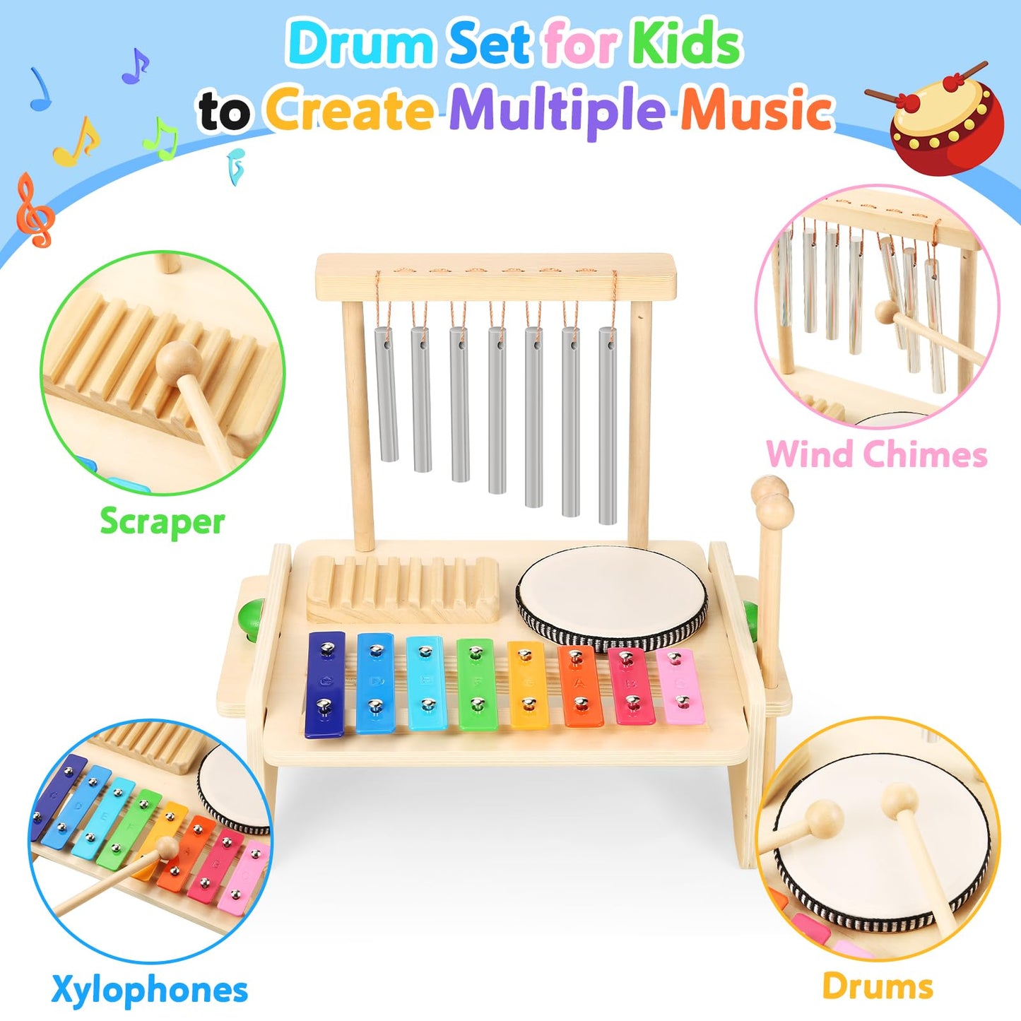 BCY hohipi Kids Drum Set 4-in-1: Xylophone, Wind Chime, Drum & Scraper
