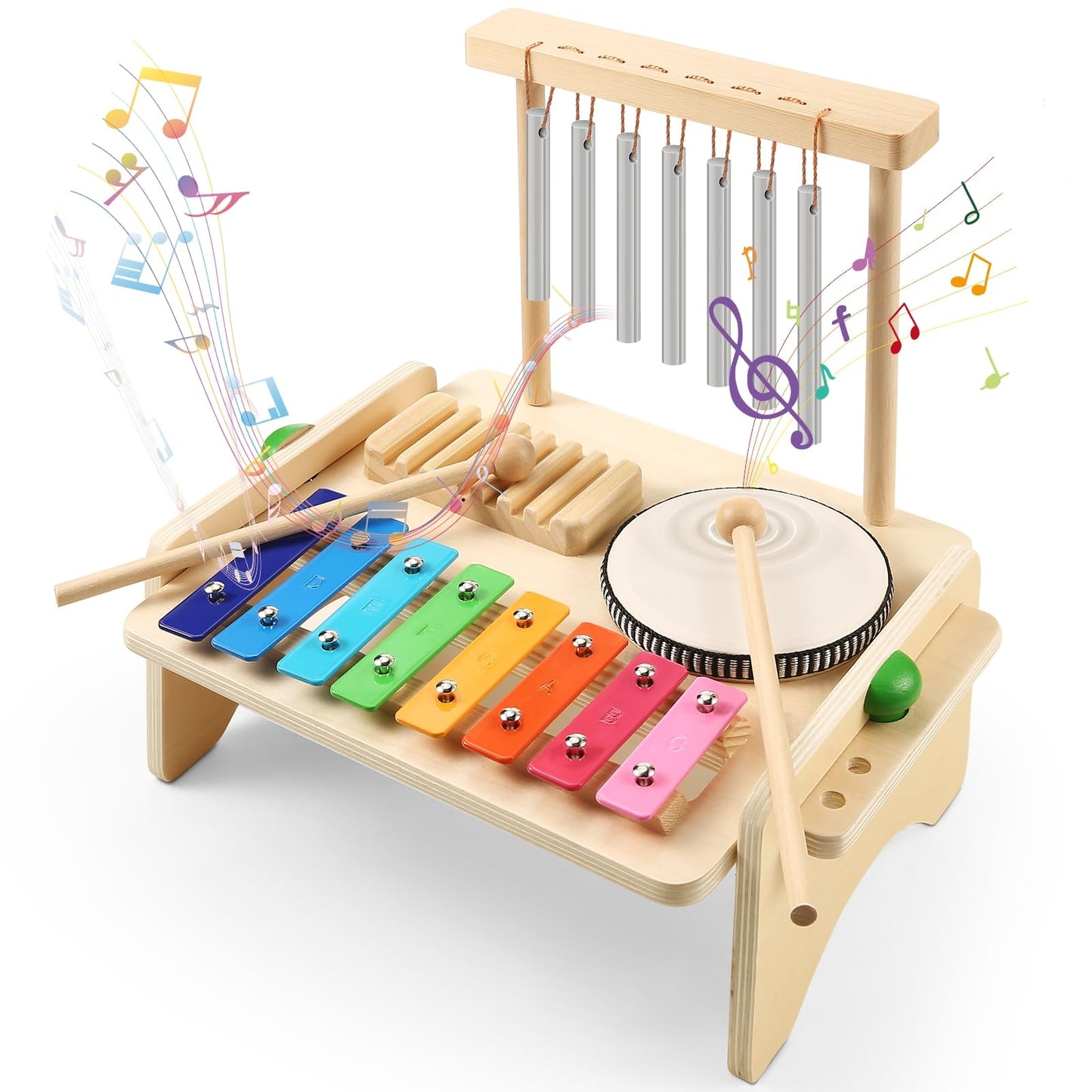 BCY hohipi Kids Drum Set 4-in-1: Xylophone, Wind Chime, Drum & Scraper