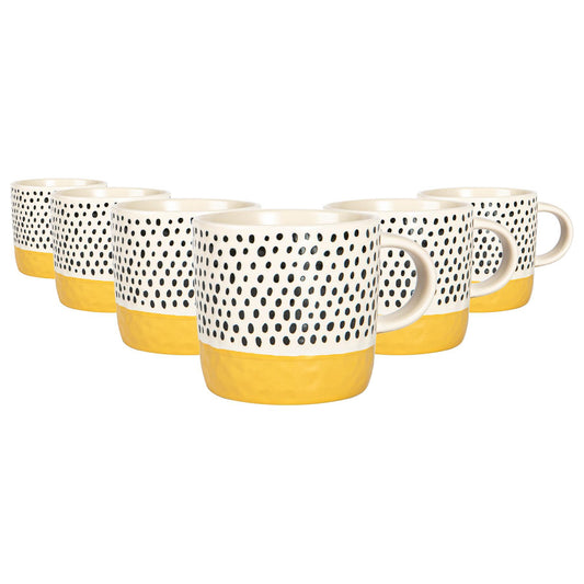 385ml Yellow Colour Block Spot Portuguese Stoneware Coffee Mugs - Pack of Six