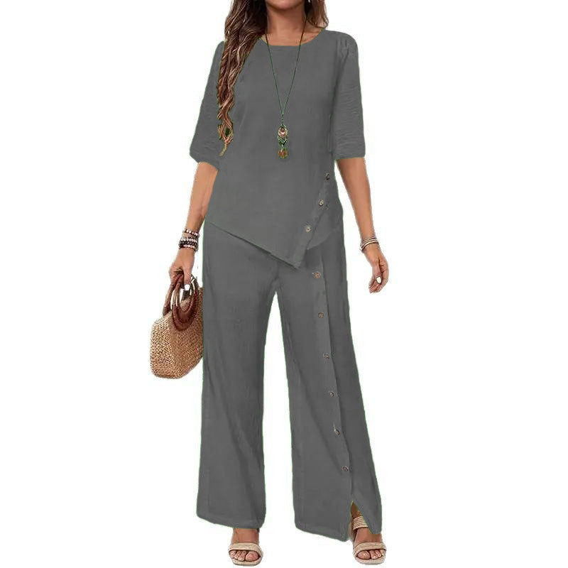 Elegant And Fashionable Casual Button Half-sleeve Shirt Loose Two-piece Set