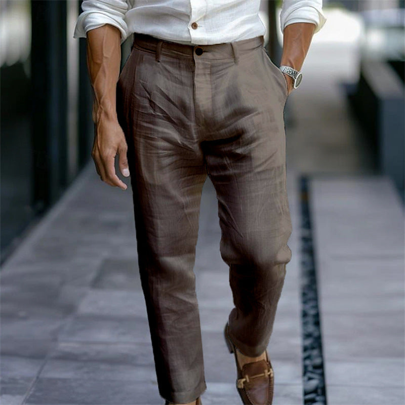 Men's Linen Trousers Solid Color Breathable Casual Pants Outdoor Clothing