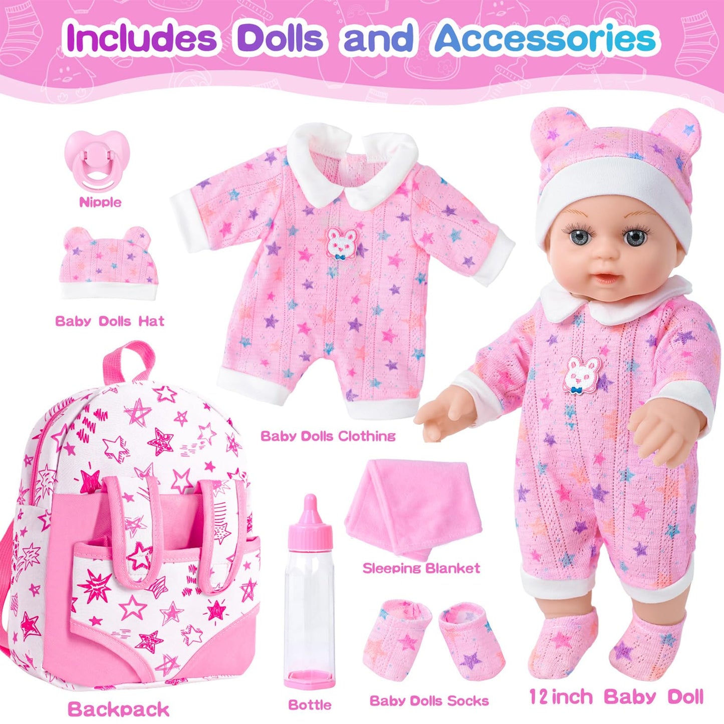 BDDOLL 12in Baby Doll Gift Box with Pink Backpack – Clothes, Bottle & Pacifier for 3+