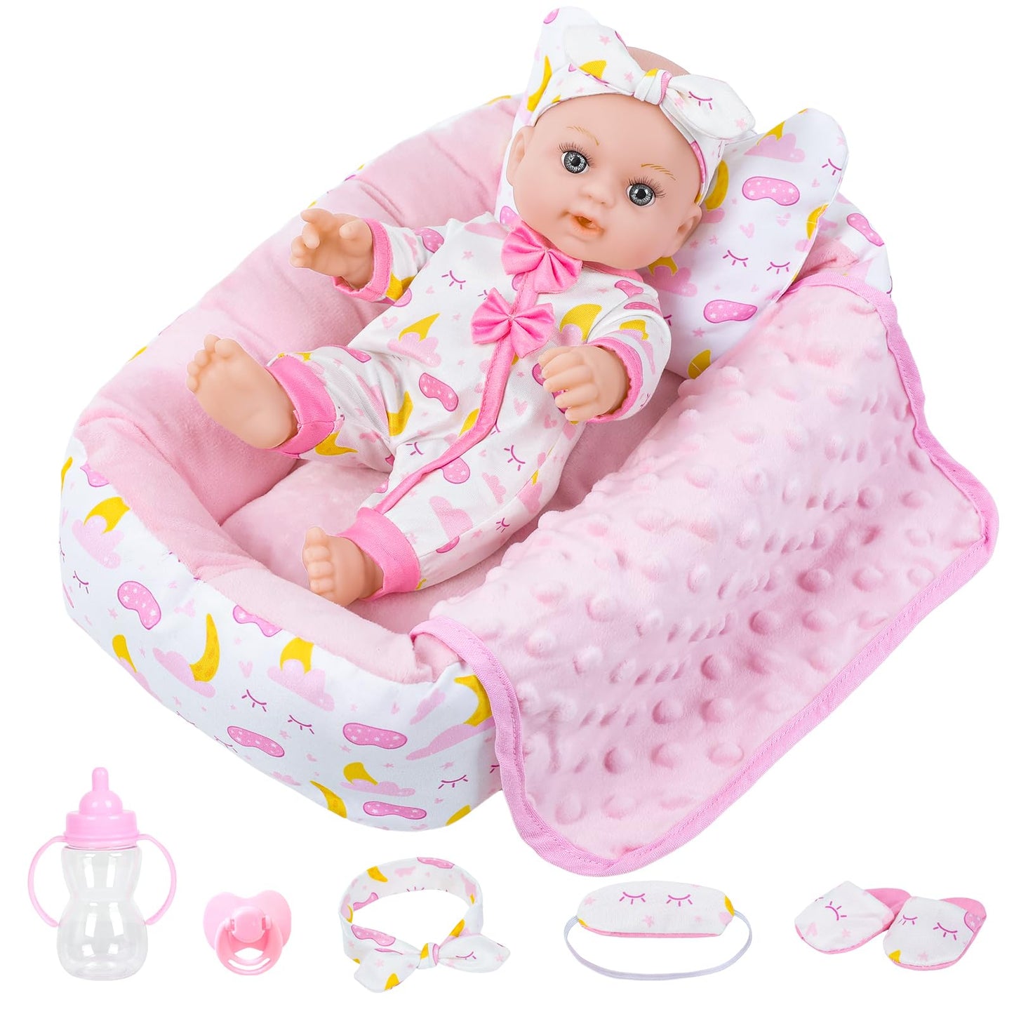 BDDOLL 12-Inch Baby Doll Crib Playset with Clothes & Accessories | Sleepover-Themed Gift for Ages 3+