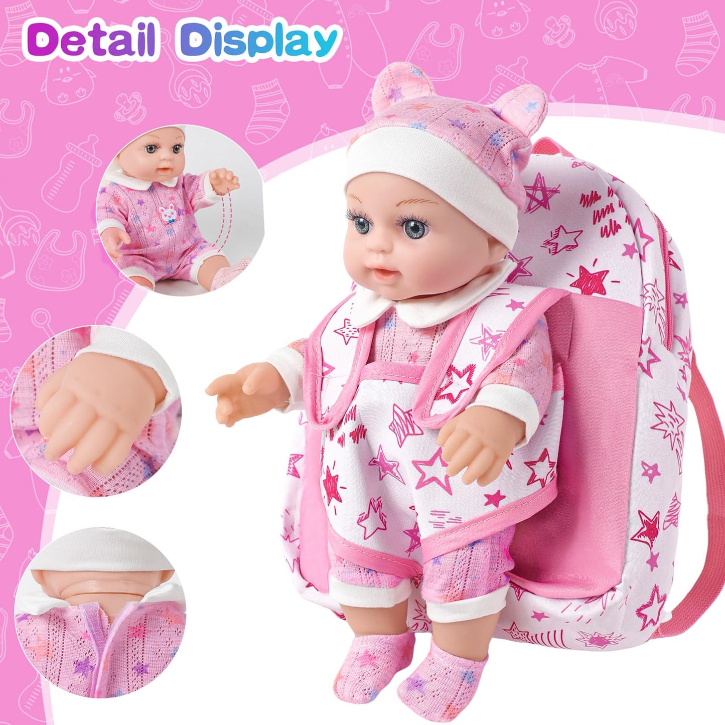 BDDOLL 12in Baby Doll Gift Box with Pink Backpack – Clothes, Bottle & Pacifier for 3+