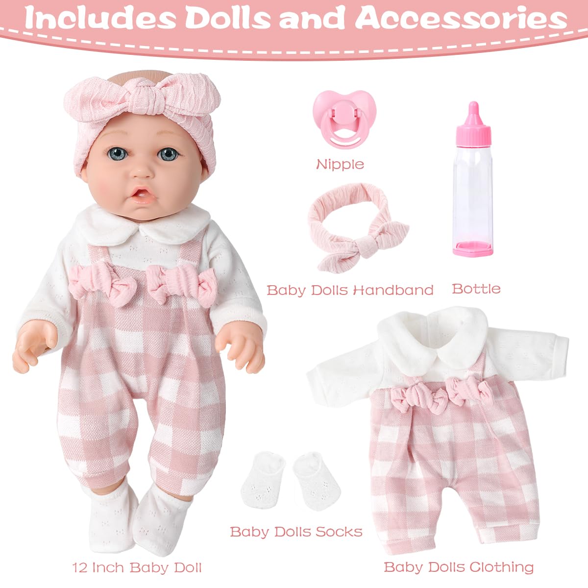 BDDOLL 12'' Baby Doll Playset with Clothes, Bottles & Pacifier | Realistic 12-Inch Doll for Toddlers 36 Months+