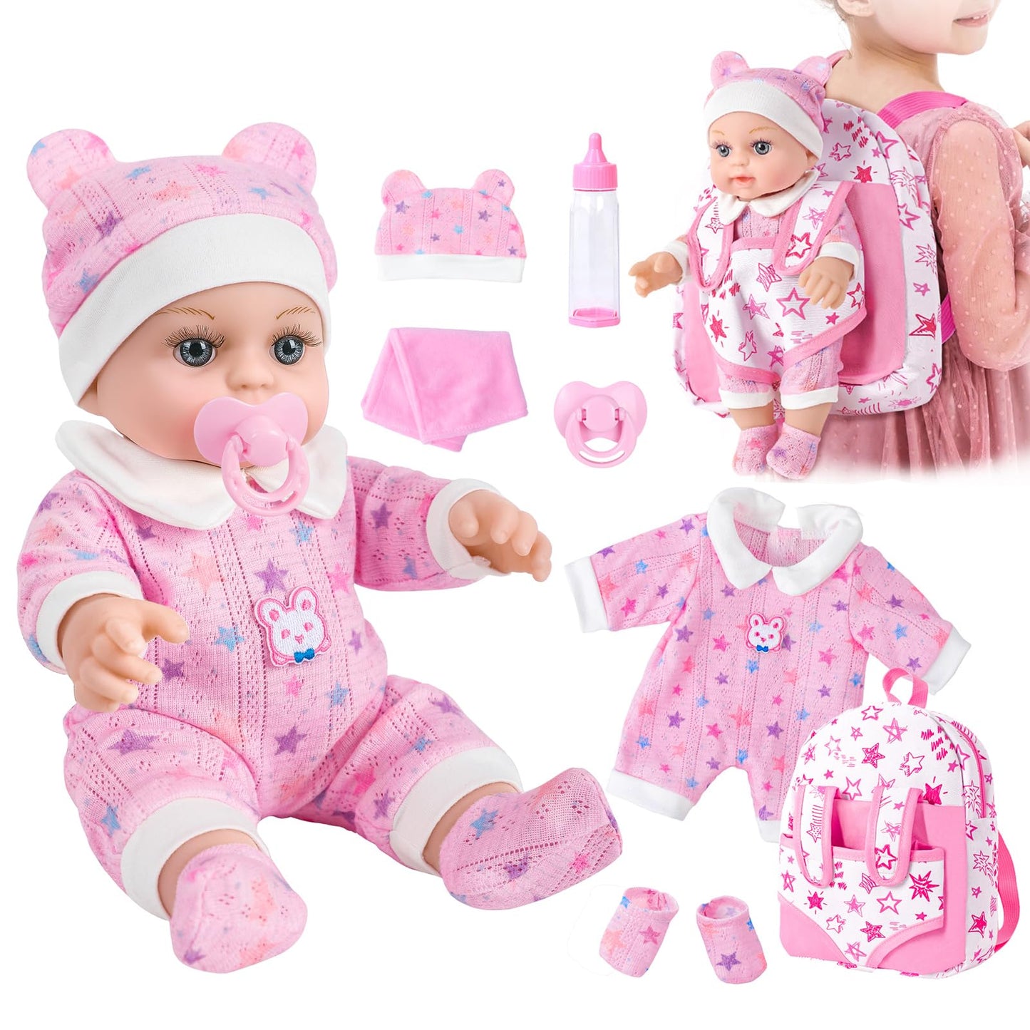 BDDOLL 12in Baby Doll Gift Box with Pink Backpack – Clothes, Bottle & Pacifier for 3+