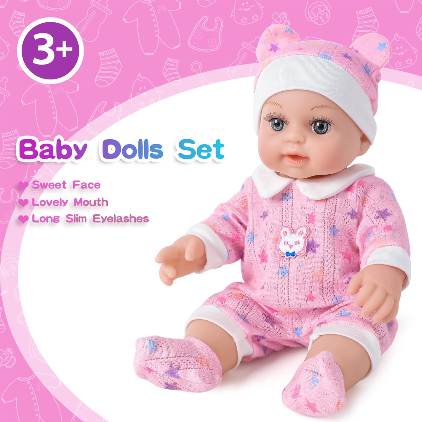BDDOLL 12in Baby Doll Gift Box with Pink Backpack – Clothes, Bottle & Pacifier for 3+