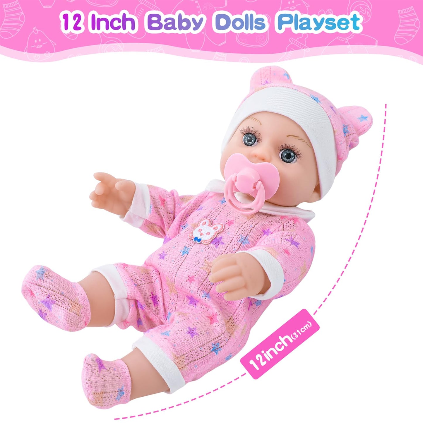 BDDOLL 12in Baby Doll Gift Box with Pink Backpack – Clothes, Bottle & Pacifier for 3+