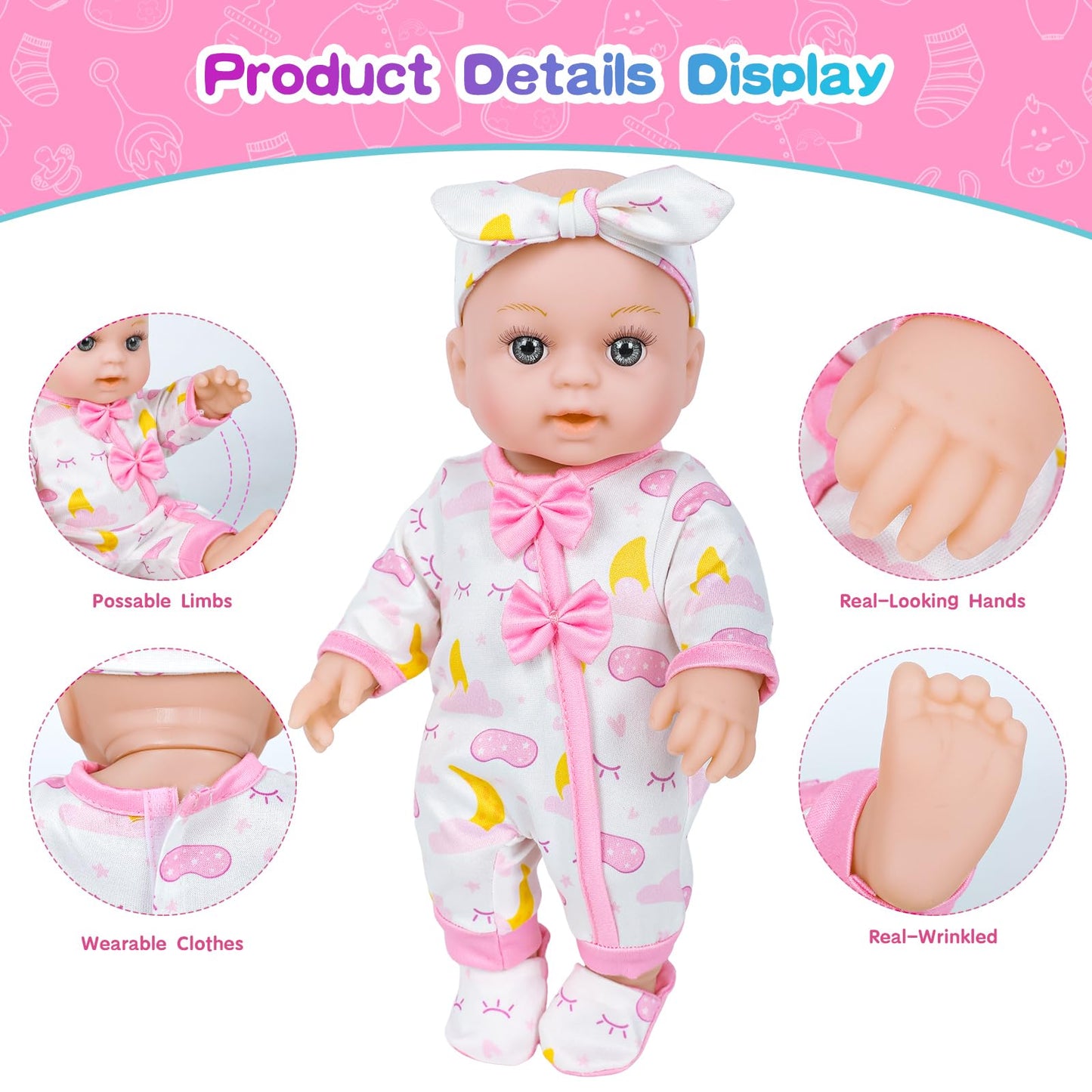 BDDOLL 12-Inch Baby Doll Crib Playset with Clothes & Accessories | Sleepover-Themed Gift for Ages 3+